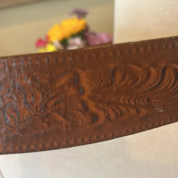 Vintage Brown Embossed Leather Belt - Image 7