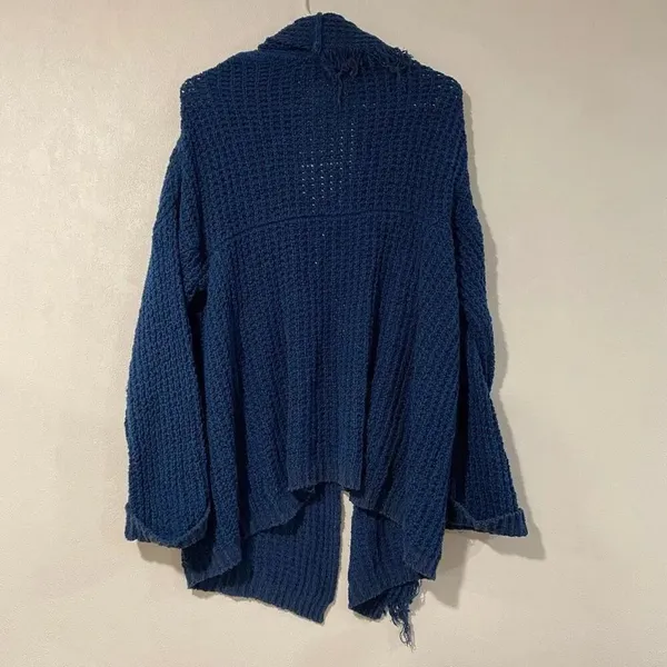Free People Navy Chunky Knit Fringe Cardigan Oversized Boho Sweater - Image 3