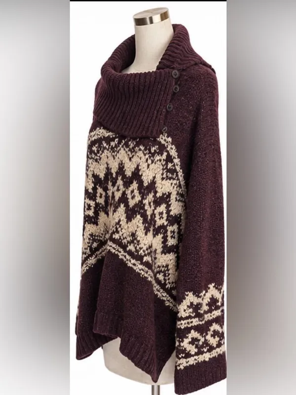 Free People Ragnar Fair Isle Oversized Wool Blend Cowl Neck Sweater Burgundy - Image 2