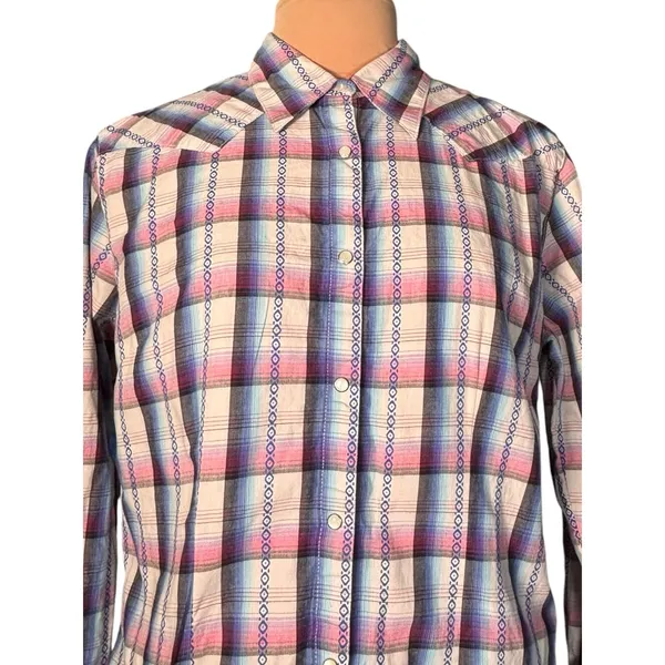 Vintage Y2K Wrangler Western Pearl Snap Pink Plaid Shirt Boho‎ Cowgirl Rustic - Image 2
