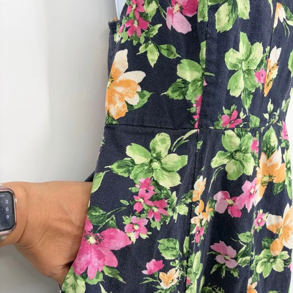 Old Navy Linen Blend Floral Midi Dress Sz L Cottagecore Milkmaid Coastal Navy - Image 7