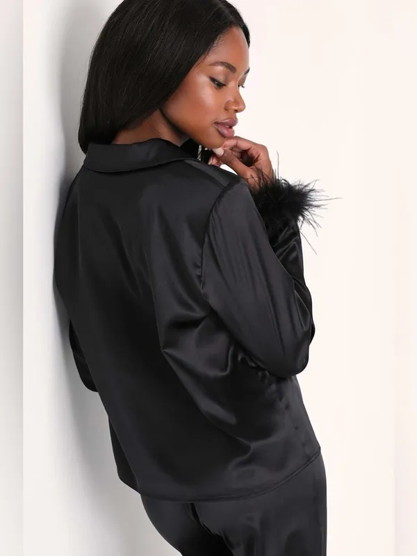 LULU’S Dreamiest Delight Black Satin Feather Two-Piece Pajama Set - Image 4