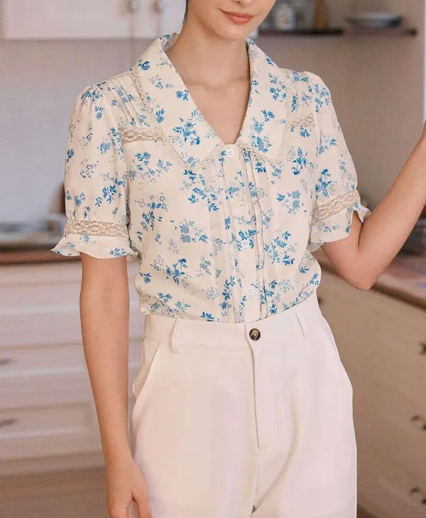 Rihoas Lace Spliced Pleated Floral Shirt - Image 2