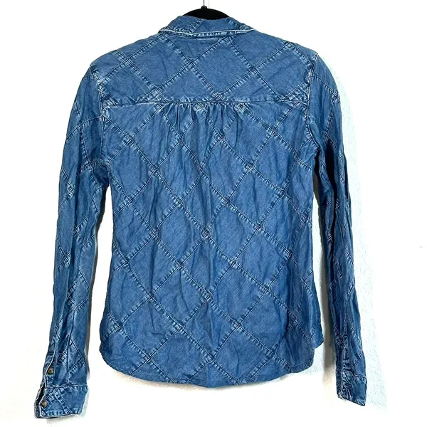 XS Shirt Top Pilcro by Anthropologie Quilted Patchwork Denim Button down jean - Image 3