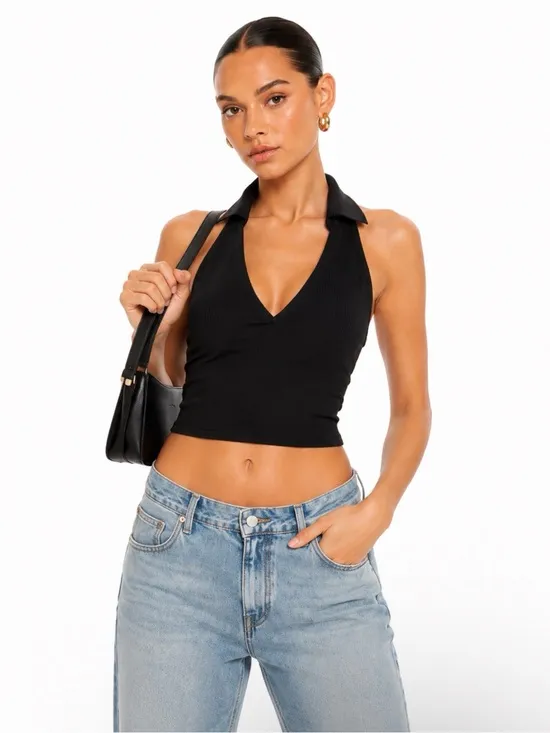 H&M Divided Women’s Halterneck Top with Collar Black Size Small - Image 4