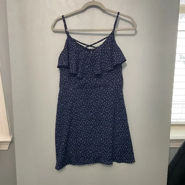 Three Pink Hearts Women Dress Navy Blue Polka Dot Ruffle Strappy Size XL - Image 4