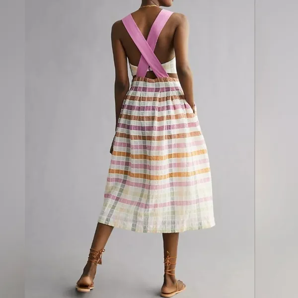 Maeve Anthropologie Ombré Plaid Midi Sundress Pink Orange White Women’s Size 2 - Image 2