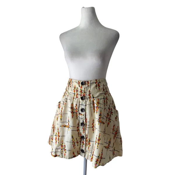 Free People Cream Floral Print Linen Blend Button Front Mini Skirt - Image 4