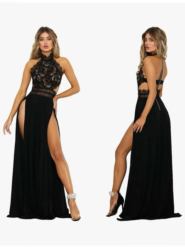 Sheer Black Lace Halter Neck Open Back High Slit Maxi Evening Gown Size Small - Image 3