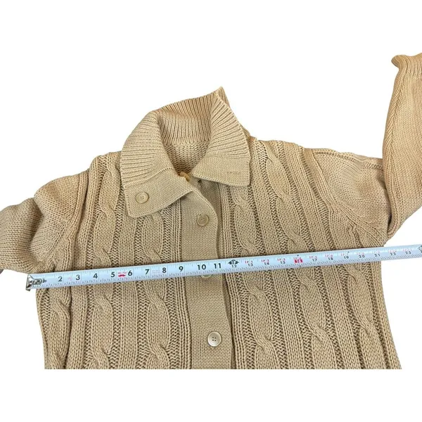 VTG 90s Grandma Beige Cable Knit S Button Front Cardigan Sweater Pocket - Image 7