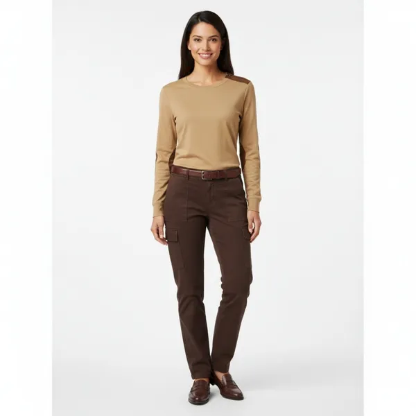 Ralph Lauren Tan Long Sleeve Cotton Leather Trim Tee T Shirt L - Image 7