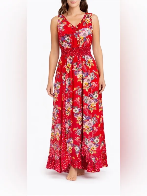 Bila Red Floral Boho Maxi Dress Hankerchief Hem Cottagecore Festival Flowy L - Image 2