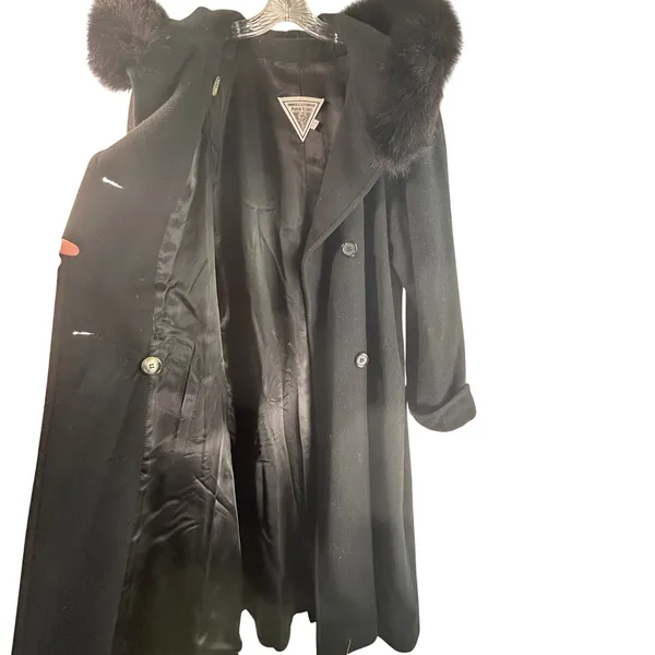 J Percy Marvin Richards Black Wool Hooded Coat Faux Fur Trim Double Breasted 10 - Image 7