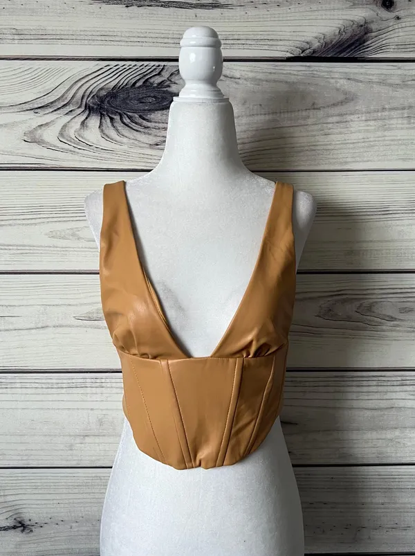 ZARA Tan Faux Leather V Neck Cropped Corset Top - Image 9