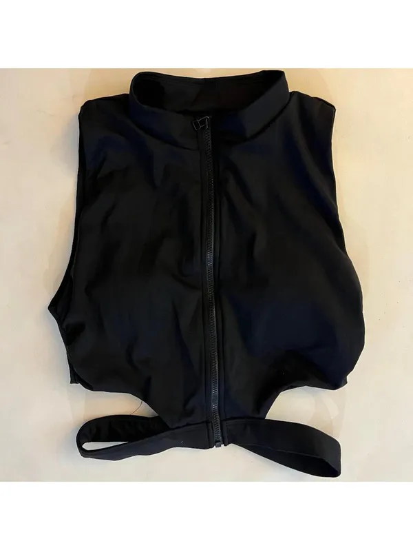 DEVON WINDSOR EMERY CROP TOP CUTOUT FULL ZIP BRA Small $98 Black - Image 5