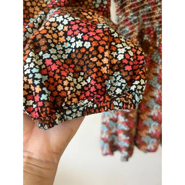 Rock & Roll Cowgirl Sz L Ditsy Floral Print Flowy Mini Dress Rust Copper Smocked Waist - Image 5