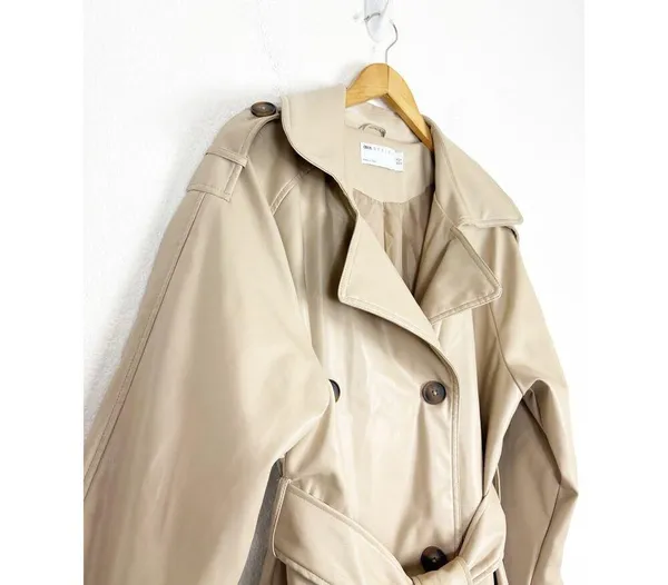 ASOS DESIGN Tan Faux Leather Trench Coat Size 12 Long Preppy Chic Minimalist - Image 5