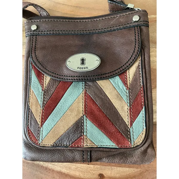 Fossil Maddox patchwork mini crossbody bag purse flap leather suede herringbone - Image 2
