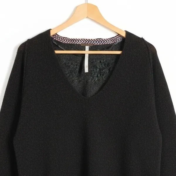 Free People Fringed V-Neck Solid Knit Sweater Black Boho Raw Edge Size S - Image 4