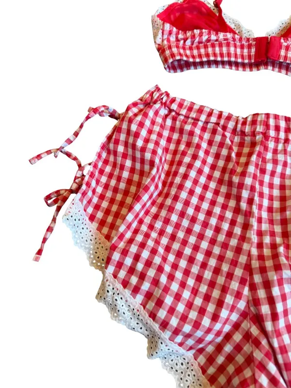 Colsie Red White Plaid Check Two Piece Outfit Set Crop Top Shorts Lace Size XS - Image 10