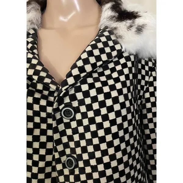 Rik Villa XS 2 Jacket Coat Checkerboard Black White Fur Collar Check Plaid Artsy - Image 5