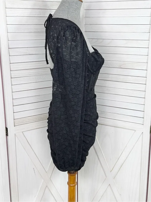 Edit‎ by Nine Lace Corset Top Ruched Mini Dress Black Medium Gothic Coquette Y2K - Image 4