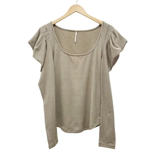 Free People Penelope Tan Striped Knit Top Long Ruched Puff Sleeves Size Medium - Image 2