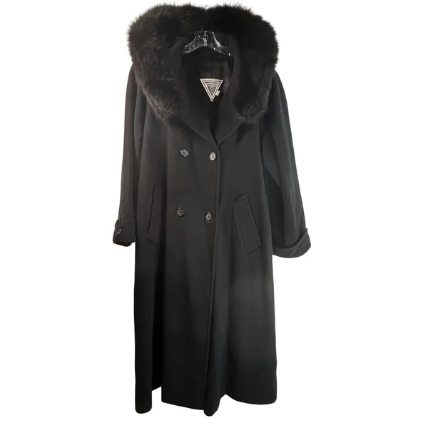J Percy Marvin Richards Black Wool Hooded Coat Faux Fur Trim Double Breasted 10 - Image 11