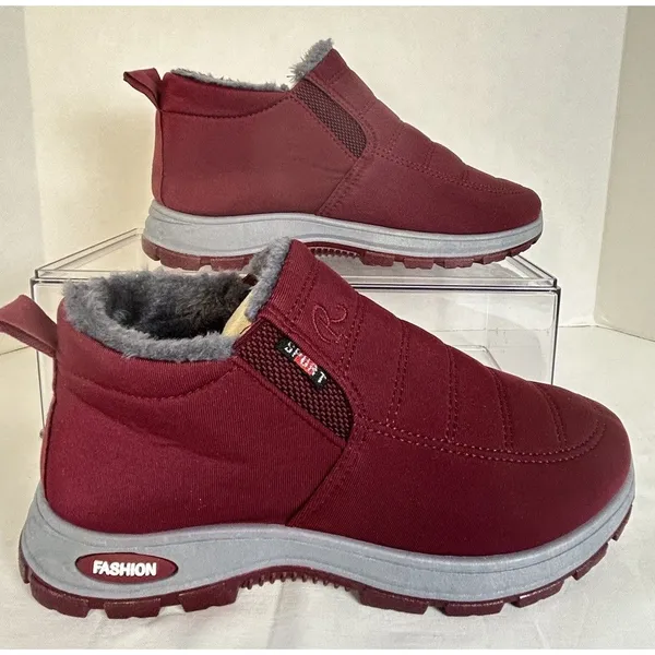 Women’s Waterproof Burgundy Plush Fur Lined Ankle Boots Outdoor Shoes EU Size 42 - Image 3