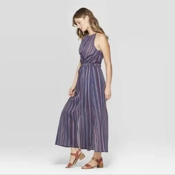 Universal Thread Women Striped Sleeveless Maxi Size Small Navy Blue - Image 2