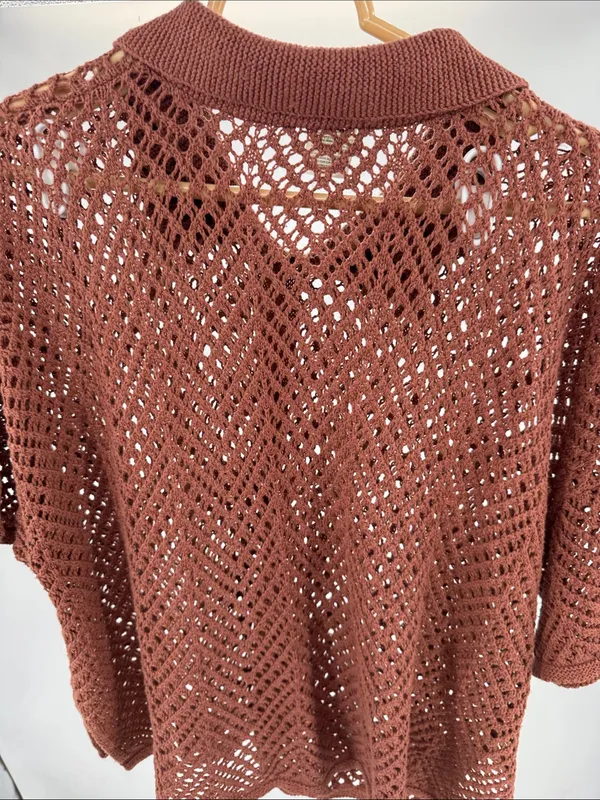 wild fable Brown metallic Open-Knit short sleeve crocheted Sweater L button up - Image 3