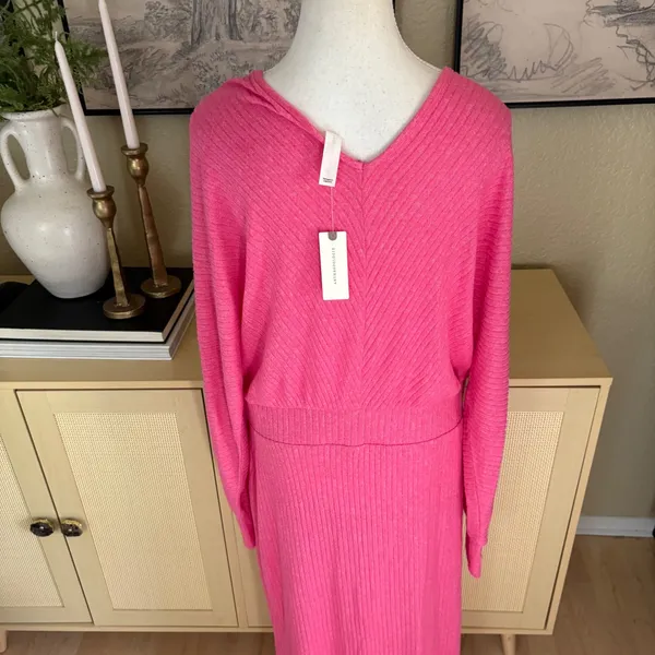 Anthropologie Daily Practice Pink Ribbed Barre Midi V-Neck Dress Size Large‎ NWT - Image 5