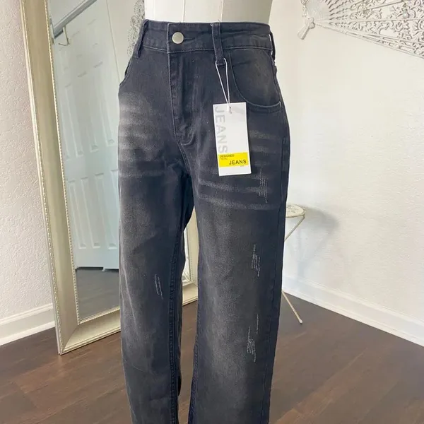 NWT Black Gray Distressed High Waisted Loose Mom Jeans Size S - Image 2