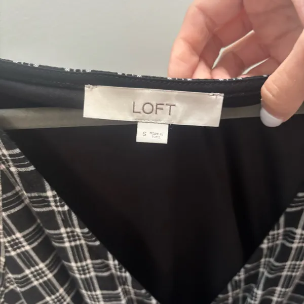LOFT Black and White Plaid Surplice Dress - Image 5