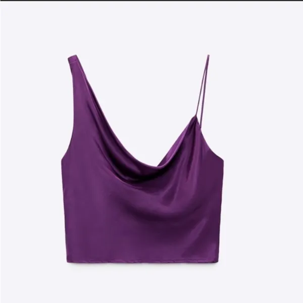 NWT ZARA Purple Silkly Satin One Shoulder Draped Cropped‎ Top Blouse - Image 2