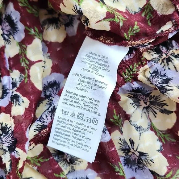Madewell -565 Drawstring Ruffle-Hem‎ Top Blouse in Viola Floral Burgundy Medium - Image 10
