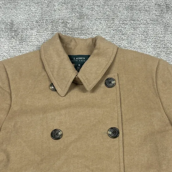 LRL Ralph Lauren Pea Coat Womens 12 Camel Hair Tan Double Breasted Jacket USA - Image 2