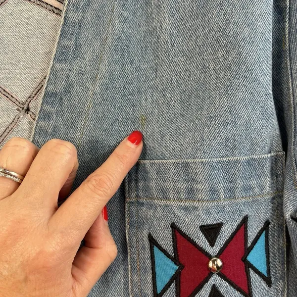 Vintage S Small Denim Jacket‎ Southwest Boho Aztec Embroidered Oversized USA - Image 6