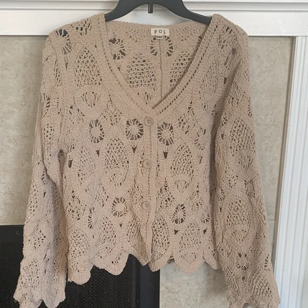POL One Size Crochet Knit Cardigan Beige Button Front Boho Long Sleeve Cotton - Image 2