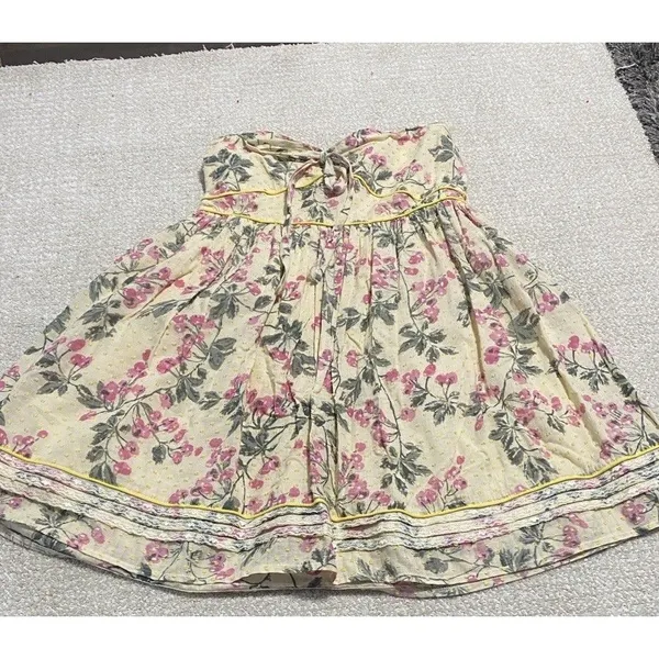 Hazel Strapless Floral Sundress Yellow Pink Green L 100% Cotton Lace Bow Ruffle - Image 11