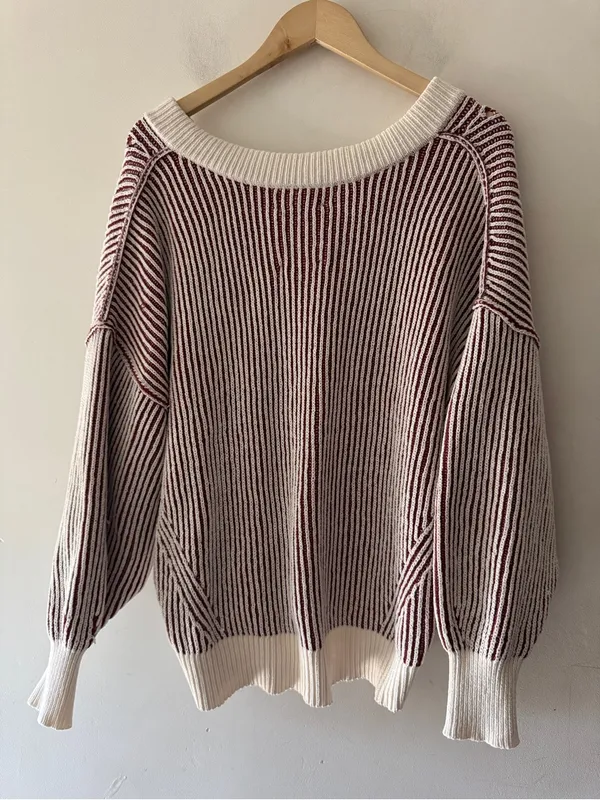 Aerie Red and Cream Beyond Chenille Chunky Knit V Neck Sweater‎ - Image 4