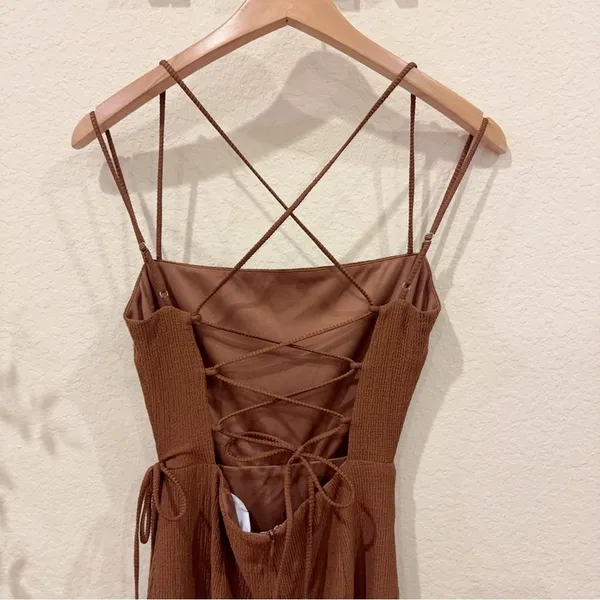 ASTR Brinda Boho Summer Vacation Faux Wrap Midi Dress in Brown One Size NWT - Image 6