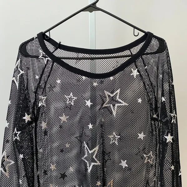 Goth Rave Goth Moody Feminine‎ L Black Mesh Star Print Top Sheer Celestial Rave - Image 2