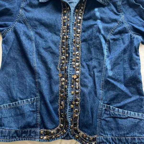 Vintage Y2K boho blue denim lightweight jacket with beaded & chain details large - Image 3