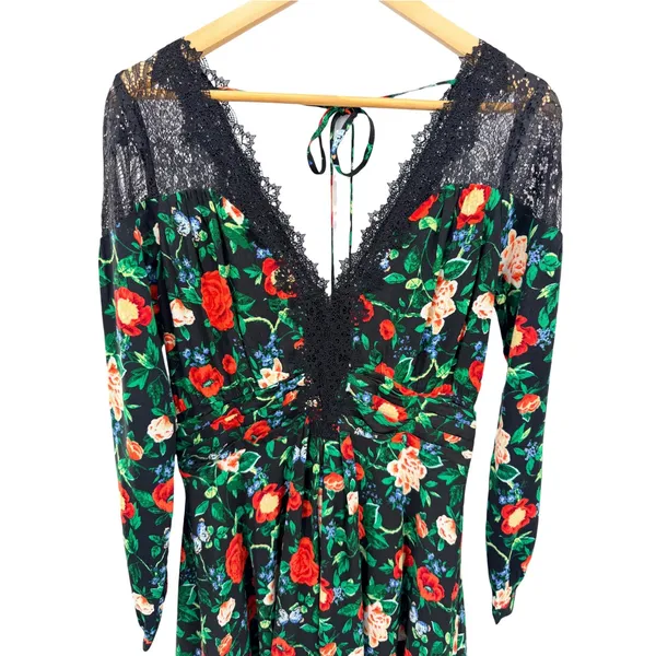 Anthropologie Black Floral Lace Trim V-Neck Long Sleeve Mini Dress 8 Whimsygoth - Image 5