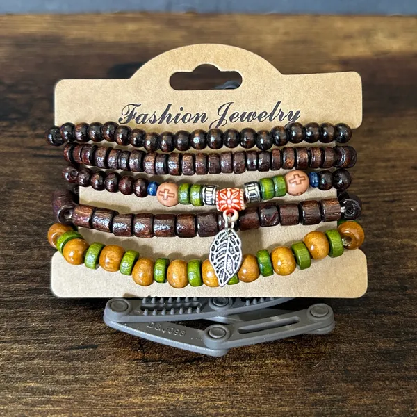 Boho Green and Brown Layered Beaded Bracelet with Leaf Charm - Image 2