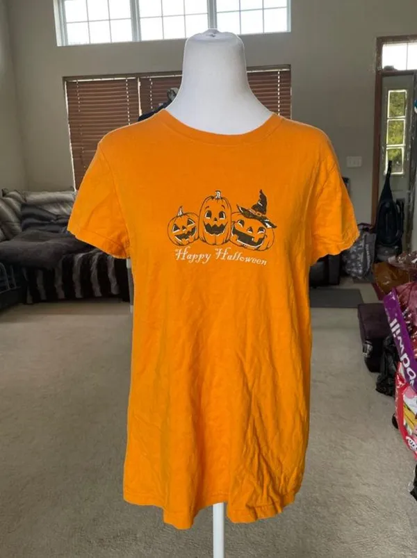 Women's Orange Black Halloween Pumpkin Print Short Sleeve Tee L - Image 3