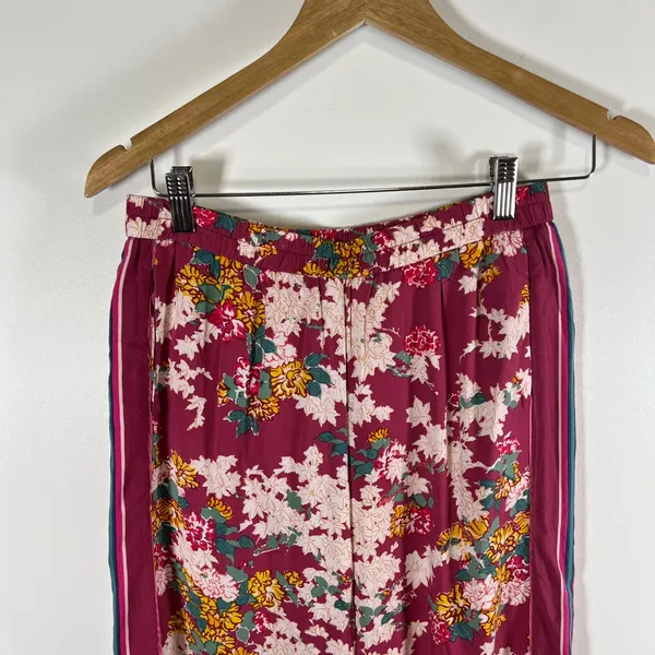 Ettitwa Anthropologie Burgundy Floral Wide Leg Pants Side Stripe‎ XS Boho Beach - Image 2
