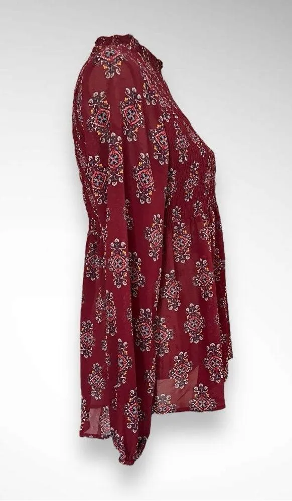 XHILARATION Women's Burgundy Floral Paisley Semi Sheer Smocked Tunic | EUC - Image 2