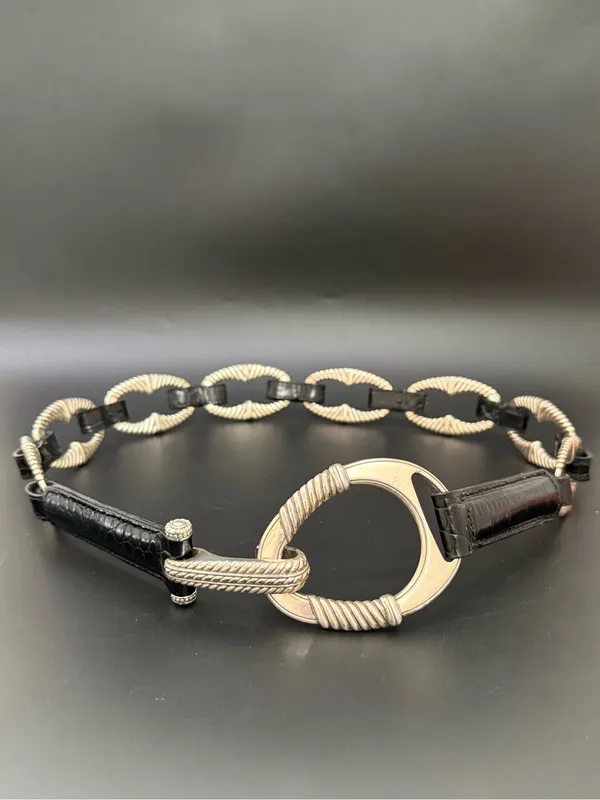 Vintage BRIGHTON B3094 Black Croc Leather Silver-plated Oval Links Belt Size 32 - Image 2